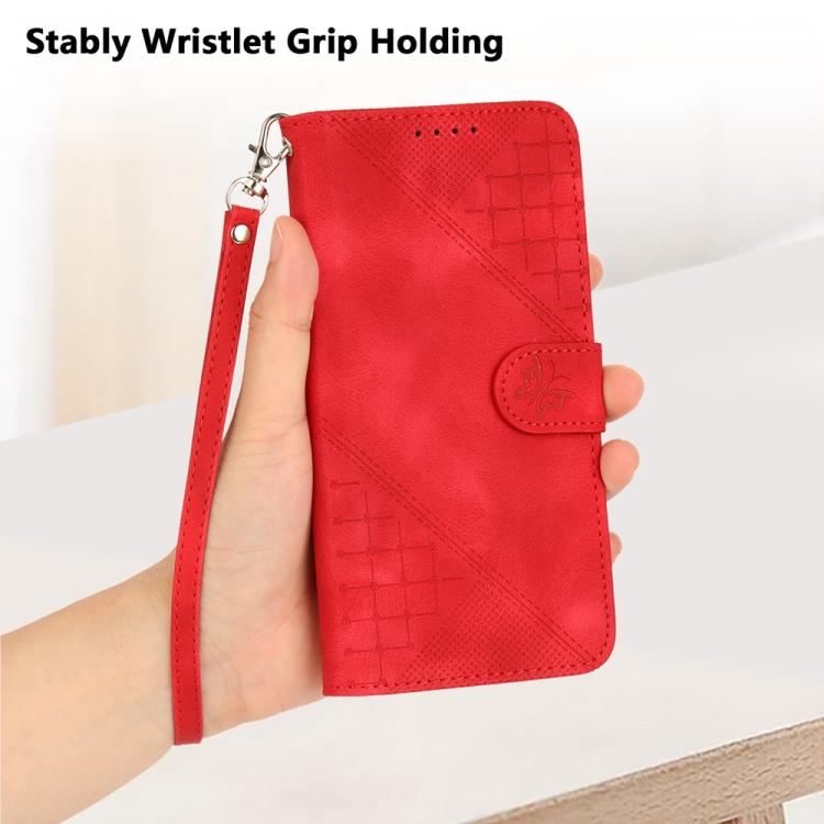 Funda de Cuero Infinix Hot 20 5G con Diseño Mariposa En Relieve y Cordón (Rojo)