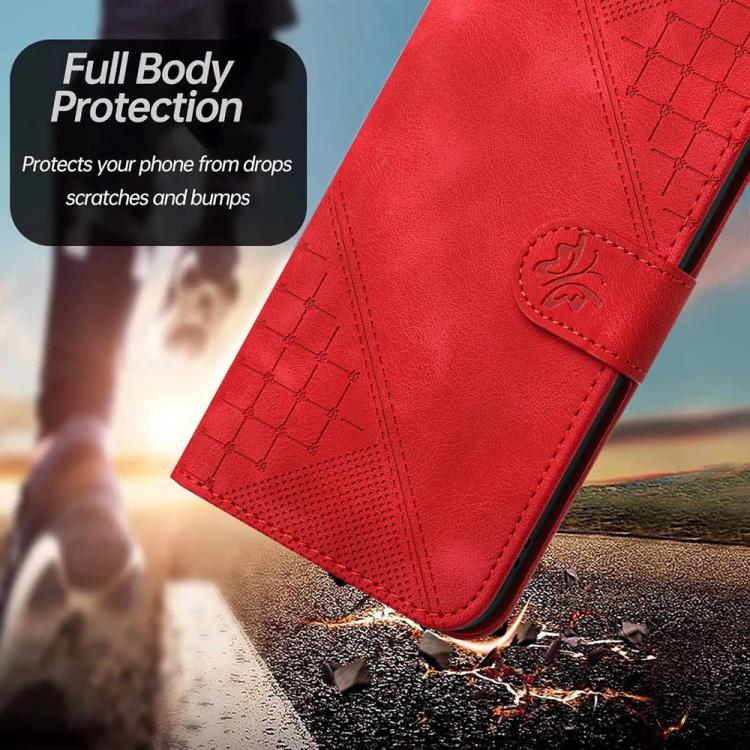 Funda de Cuero Infinix Hot 20 5G con Diseño Mariposa En Relieve y Cordón (Rojo)