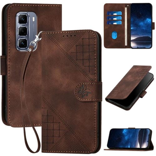 Funda de Cuero para Infinix Hot 50 Pro 4G con Diseño Mariposa Relieve y Cordón (Café)
