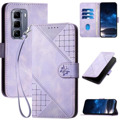 Funda de Cuero para Infinix Hot 50 Pro 4G con Diseño Mariposa en Relieve y Cordón (Morado Claro)