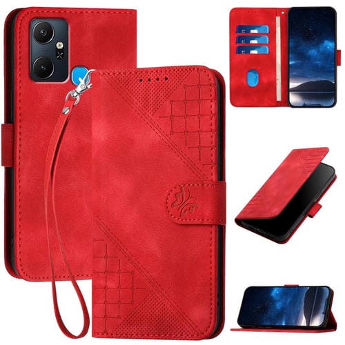 Funda de Cuero para Infinix Smart 6 Plus con Mariposas en Relieve y Cuadrícula (Rojo)