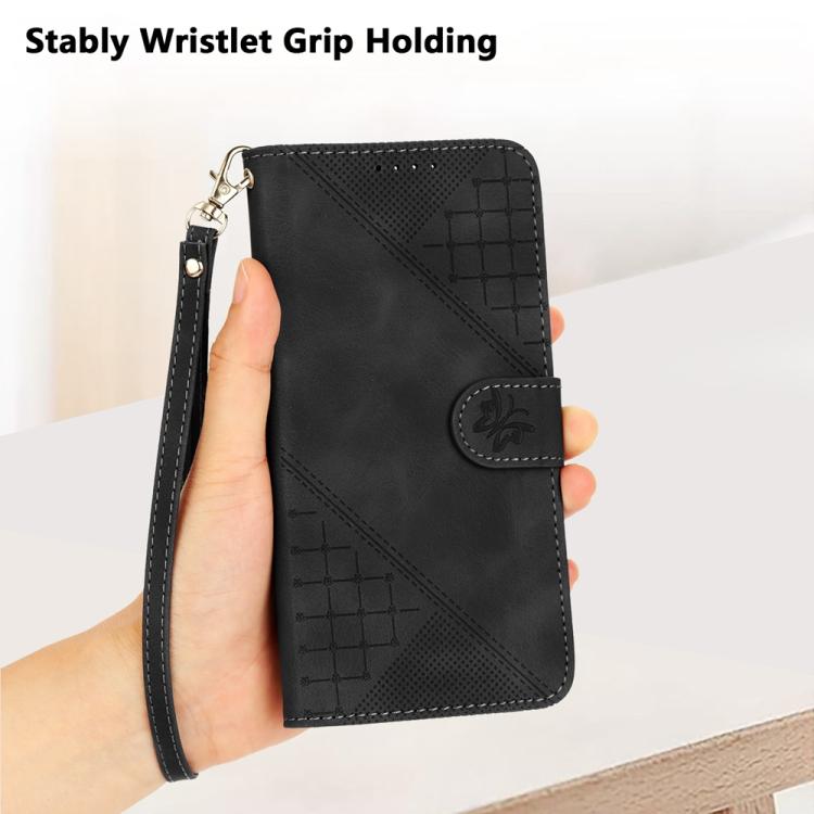 Funda de Cuero para Infinix Smart 6 Plus con Diseño de Mariposas en Relieve y Cuadrícula (Negro)