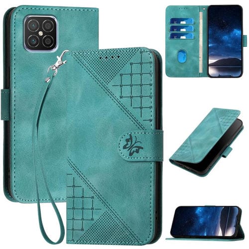 Funda de Cuero Huawei Nova 8 Se con Diseño Mariposa en Relieve y Cordón (Azul Claro)