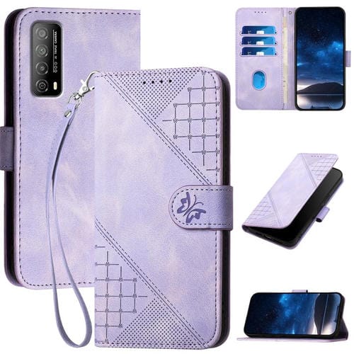 Funda de Cuero para Huawei Enjoy 20 Se 4G con Diseño Mariposa en Relieve y Cordón (Morado Claro)