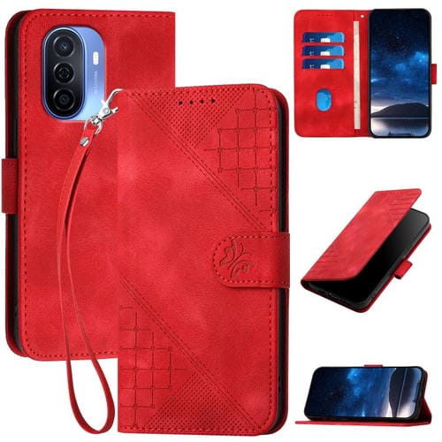 Funda de Cuero Huawei Enjoy 50 Nova Y70 con Diseño Mariposa en Relieve y Cordón (Rojo)