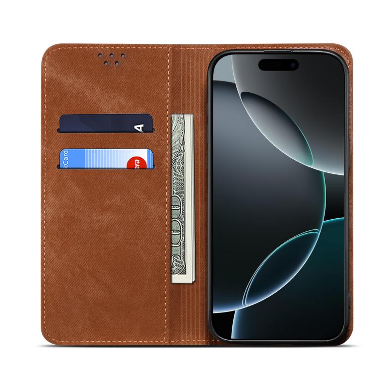 Funda de cuero con tapa horizontal y textura vaquera para Samsung Galaxy A17 5G (marrón)