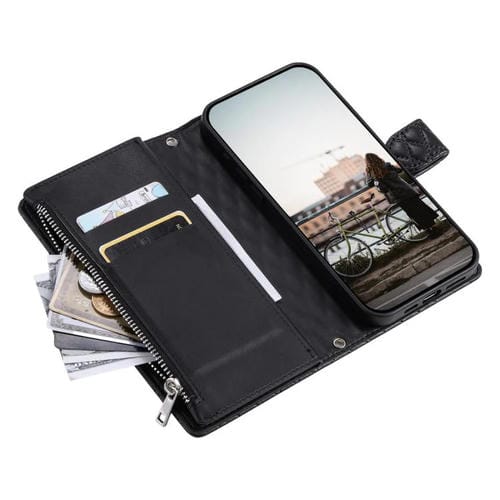 Funda de cuero tipo billetera con cremallera y diseño de celosía brillante para Samsung Galaxy A17 5G (negra)