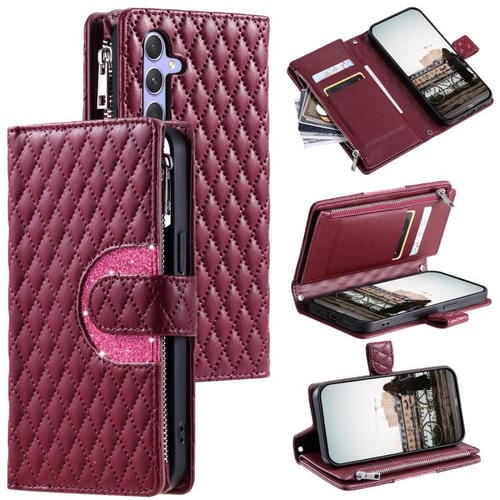 Funda de cuero tipo billetera con cremallera y diseño de celosía brillante para Samsung Galaxy A17 5G (rojo vino)