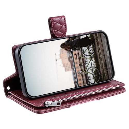 Funda de cuero tipo billetera con cremallera y diseño de celosía brillante para Samsung Galaxy A17 5G (rojo vino)