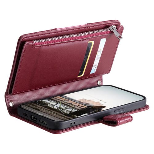 Funda de cuero tipo billetera con cremallera y diseño de celosía brillante para Samsung Galaxy A17 5G (rojo vino)