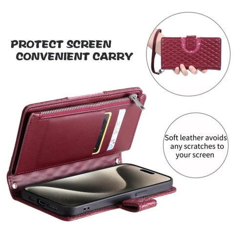 Funda de cuero tipo billetera con cremallera y diseño de celosía brillante para Samsung Galaxy A17 5G (rojo vino)