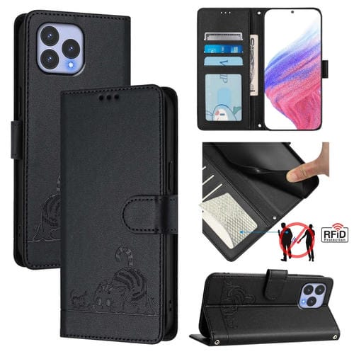Funda de Cuero Rfid para Teléfono Wiko T60 con Relieve de Rata y Gato y Cordón (Negro)