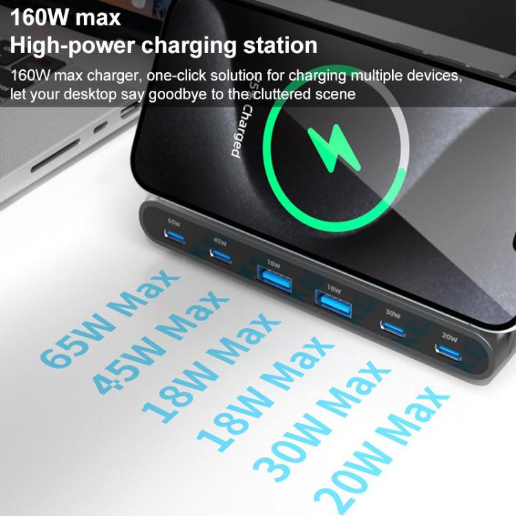 Cargador Multipuertos 160W 4 Tipo-C 2 Usb Compatible Carga Inalámbrica Qi (Enchufe Ee. Uu.)