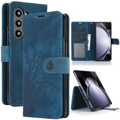 Funda Cuero Samsung Galaxy Z Fold6 Relieve Mariposa Orquídea (Azul)