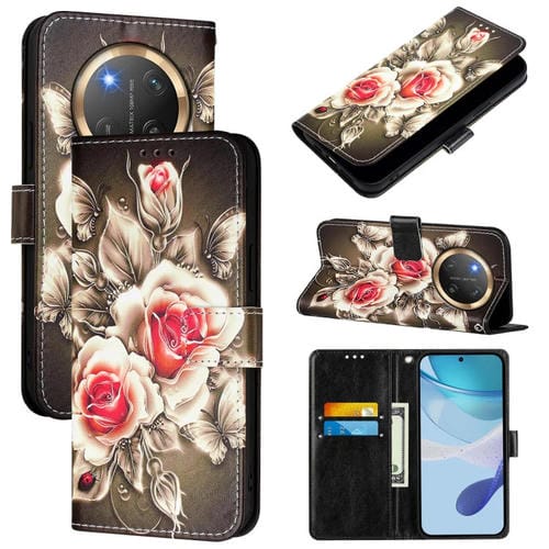 Funda de Cuero para Honor X9C 5G con Patrón de Dibujo (Rosas Sobre Negro)