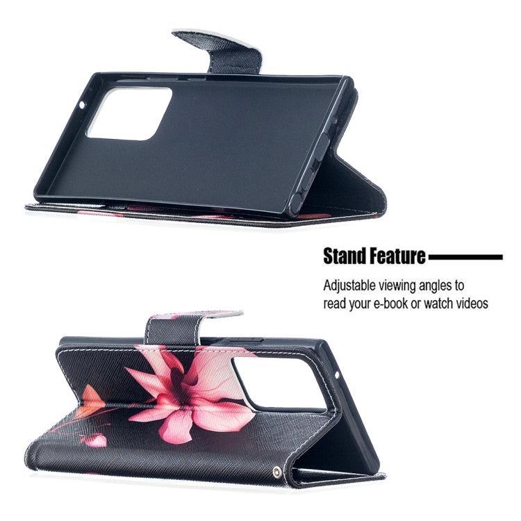 Estuche de Cuero Samsung Galaxy Note20 con Tapa Horizontal, Patrón de Dibujo Ultra Coloreado, Soporte, Ranuras para Tarjetas y Billetera (Lotus)