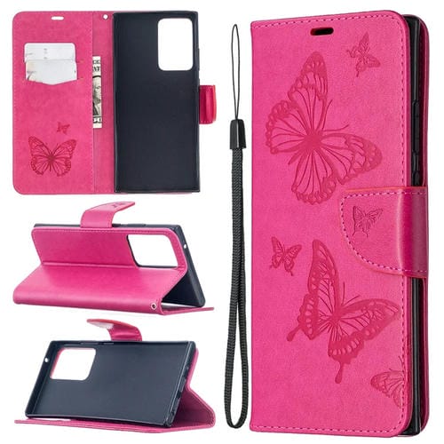 Estuche para Samsung Galaxy Note20 Ultra Cuero PU con Estampado Dos Mariposas Soporte Ranura Tarjeta Billetera y Cordón (Rosa Roja)
