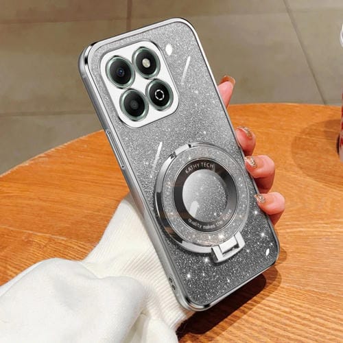 Funda para Teléfono Honor X6B TPU con Soporte Redondo y Purpurina Degradada (Plateada)