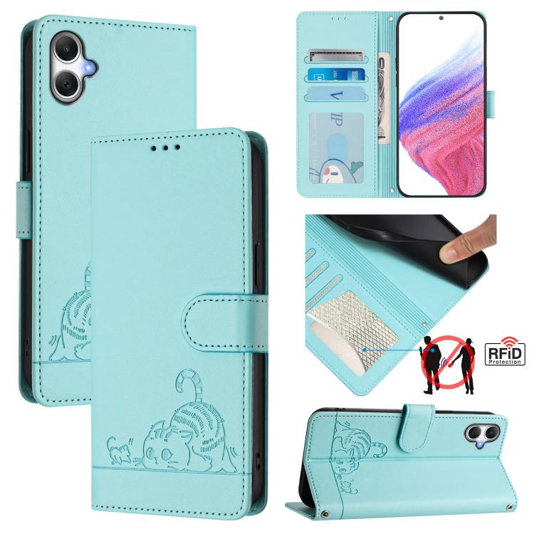 Funda de cuero RFID con estampado de gato y rata para Samsung Galaxy A07 4G, con cordón (verde menta)