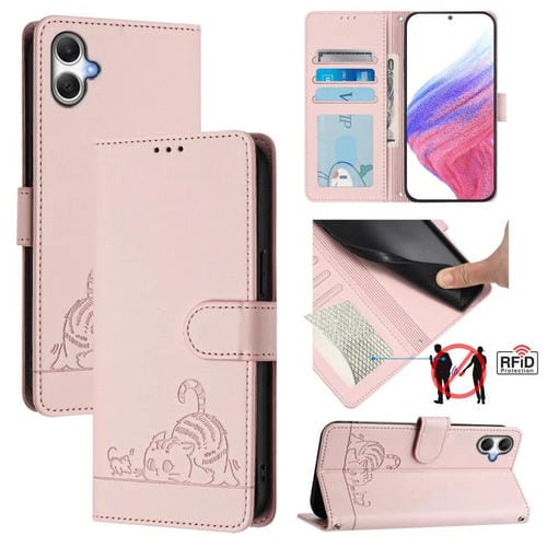 Funda de cuero RFID con estampado de gato y rata para Samsung Galaxy A07 4G, con cordón (rosa)