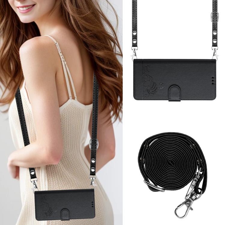 Funda de cuero RFID con estampado de gato y rata para Samsung Galaxy A07 4G, con cordón (negra)