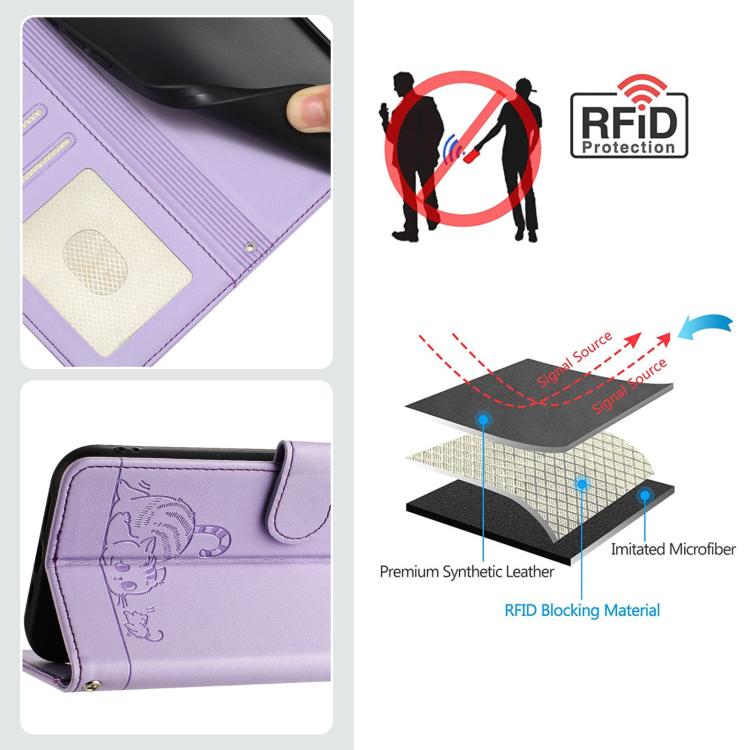 Funda de cuero RFID con estampado de gato y rata para Samsung Galaxy A07 4G, con cordón (morado)