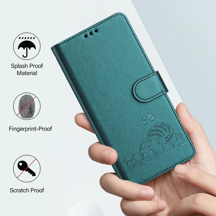 Funda de cuero RFID con estampado de gato y rata para Samsung Galaxy A17 5G, con cordón (verde pavo real)