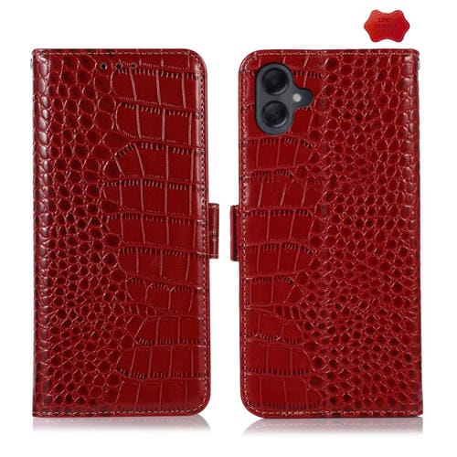 Funda de piel de vacuno con capa superior de cocodrilo para Samsung Galaxy A07 5G (roja)