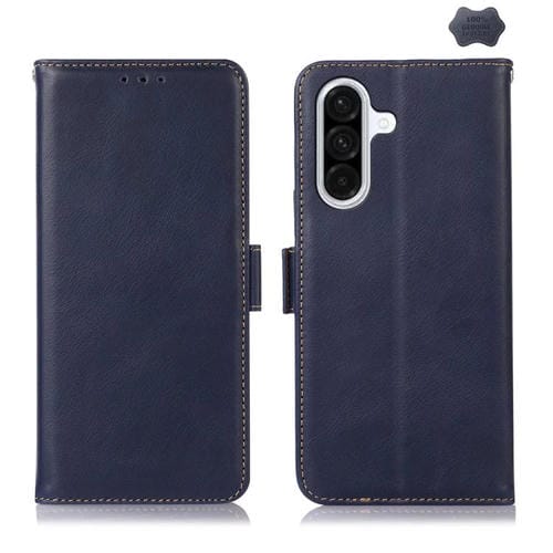 Funda magnética de cuero genuino con textura Crazy Horse RFID para Samsung Galaxy A17 5G (azul)