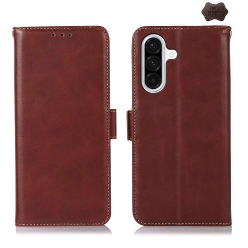Funda magnética de cuero genuino con textura Crazy Horse y RFID para Samsung Galaxy A17 5G (marrón)