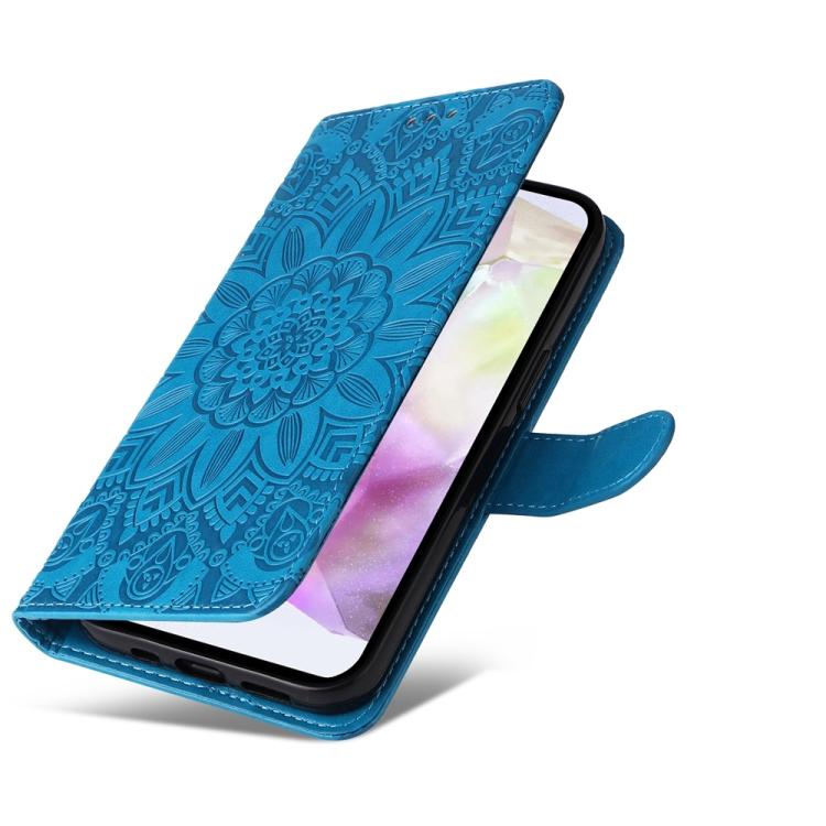 Funda de piel con estampado de girasoles en relieve para Samsung Galaxy A56 5G (azul)