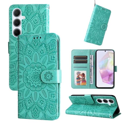 Funda de piel con estampado de girasoles en relieve para Samsung Galaxy A56 5G (verde)