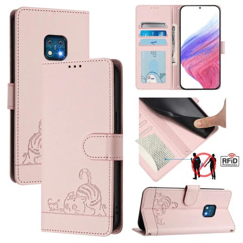 Funda de Cuero Rfid para Nokia Xr20 con Relieve de Gato y Rata y Cordón (Rosa)