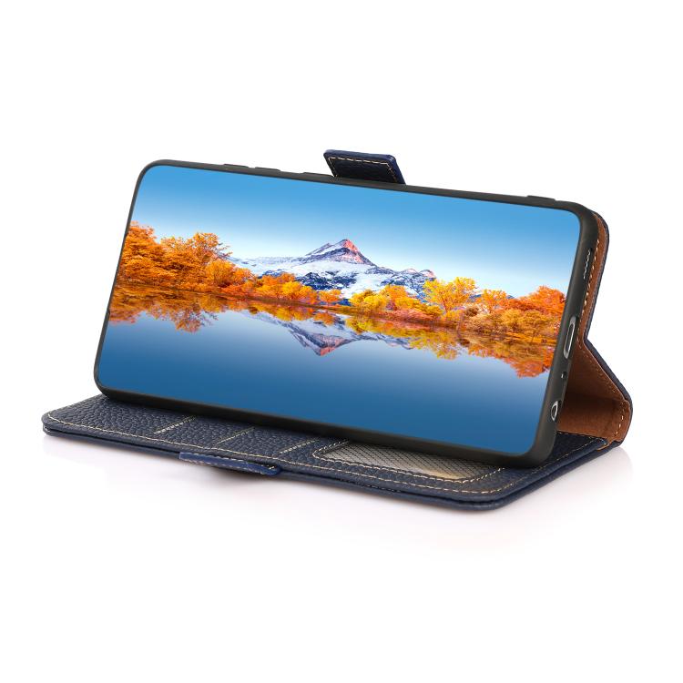 Funda de cuero genuino KHAZNEH con imán lateral RFID para Samsung Galaxy A07 5G (azul)
