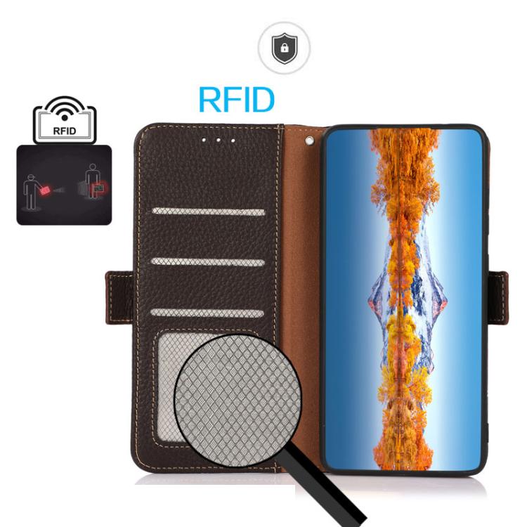 Funda de cuero genuino KHAZNEH con imán lateral y RFID para Samsung Galaxy A07 5G (marrón)