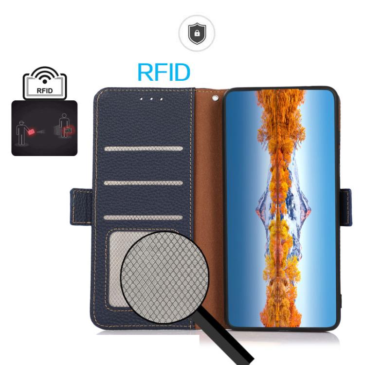 Funda de cuero genuino KHAZNEH con imán lateral RFID para Samsung Galaxy A17 5G (azul)
