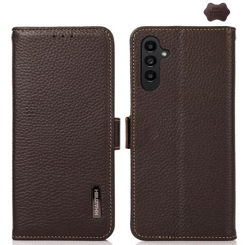 Funda de cuero genuino KHAZNEH con imán lateral y RFID para Samsung Galaxy A17 5G (marrón)