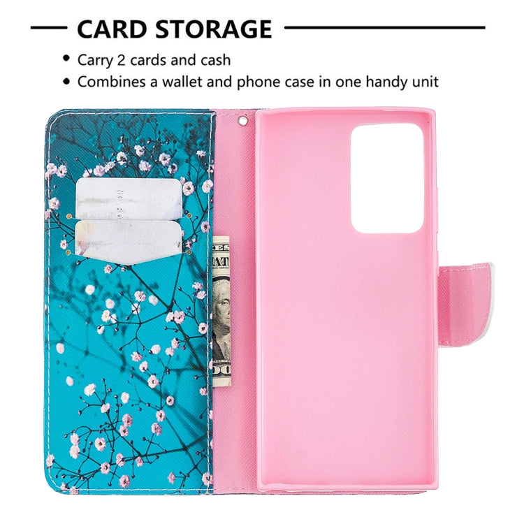 Estuche de Cuero Abatible Horizontal Samsung Galaxy Note 20 con Soporte, Ranuras para Tarjetas y Billetera (Plum Blossom)