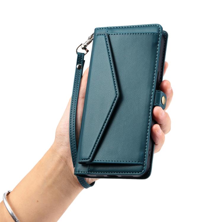 Funda de Cuero para iPhone 16E Ranura Múltiples Tarjetas y Cordón (Verde)