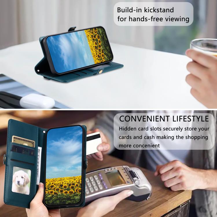 Funda de Cuero para iPhone 16E Ranura Múltiples Tarjetas y Cordón (Verde)