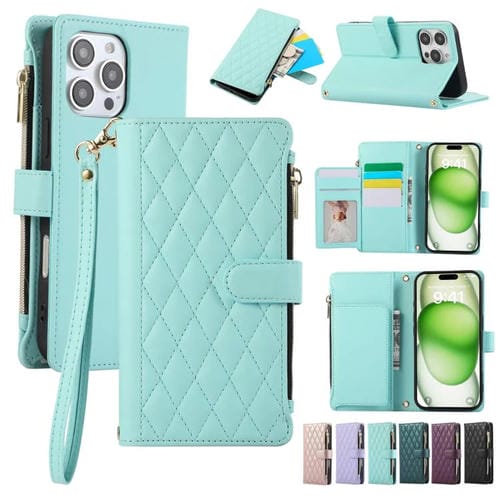 Funda tipo billetera Rombal para iPhone 16 Pro Max con cremallera (Cian)