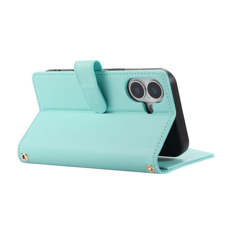 Funda de Cuero Tipo Billetera con Cremallera para iPhone 16 (Cian)
