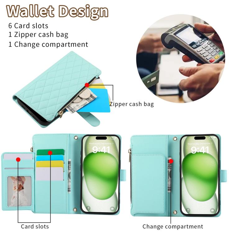 Funda de Cuero Tipo Billetera con Cremallera para iPhone 16 (Cian)