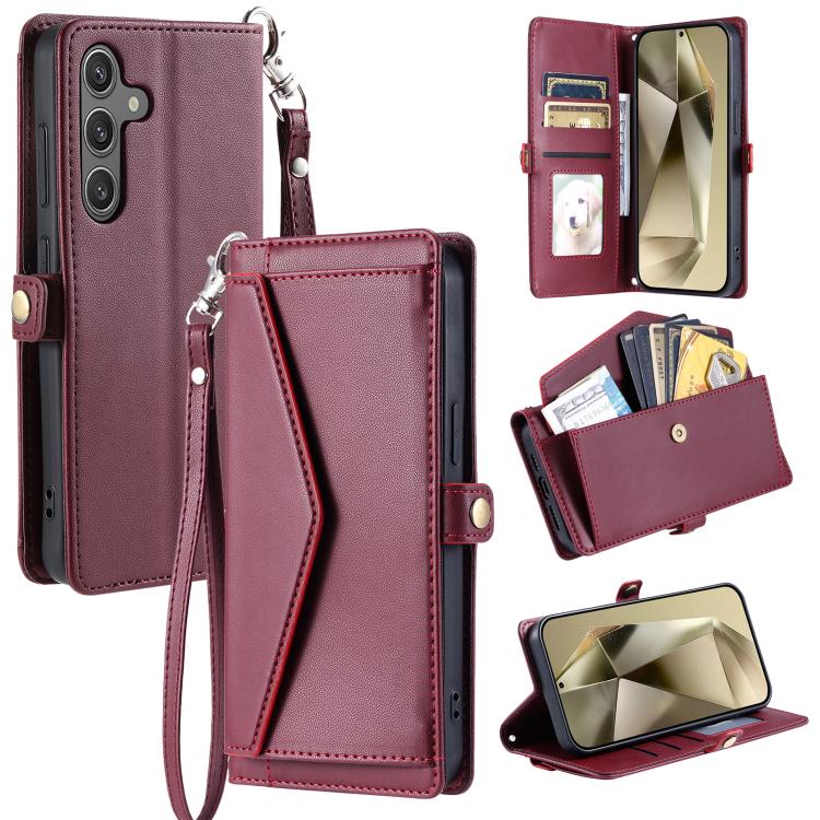 Funda de cuero con ranura para múltiples tarjetas y cordón para Samsung Galaxy S25 FE 5G (rojo vino)