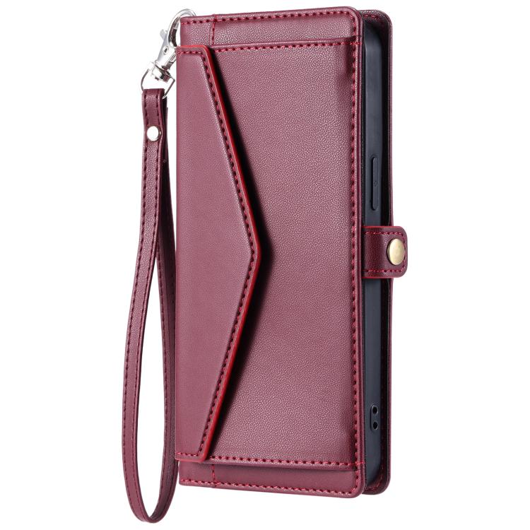 Funda de cuero con ranura para múltiples tarjetas y cordón para Samsung Galaxy S25 FE 5G (rojo vino)