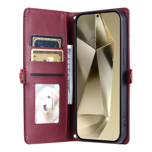 Funda de cuero con ranura para múltiples tarjetas y cordón para Samsung Galaxy S25 FE 5G (rojo vino)