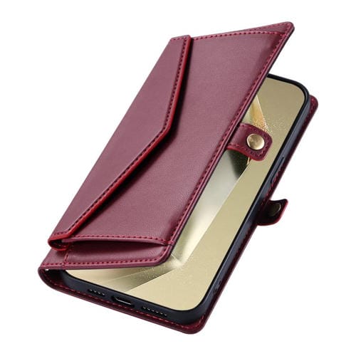 Funda de cuero con ranura para múltiples tarjetas y cordón para Samsung Galaxy S25 FE 5G (rojo vino)