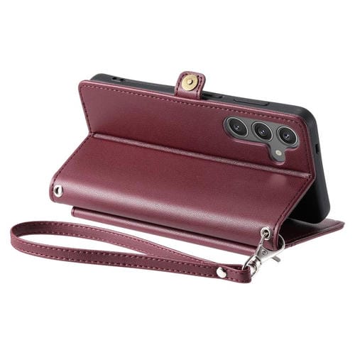 Funda de cuero con ranura para múltiples tarjetas y cordón para Samsung Galaxy S25 FE 5G (rojo vino)