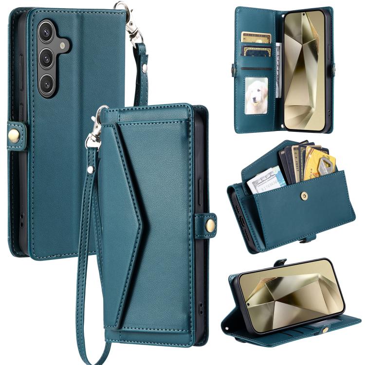 Funda de cuero con ranura para múltiples tarjetas y cordón para Samsung Galaxy S25 FE 5G (verde)