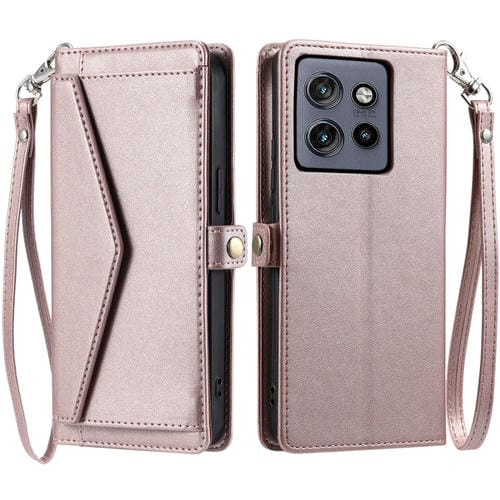 Funda de Cuero para Motorola Edge 50 Neo con Ranura para Tarjetas y Cordón (Oro Rosa)